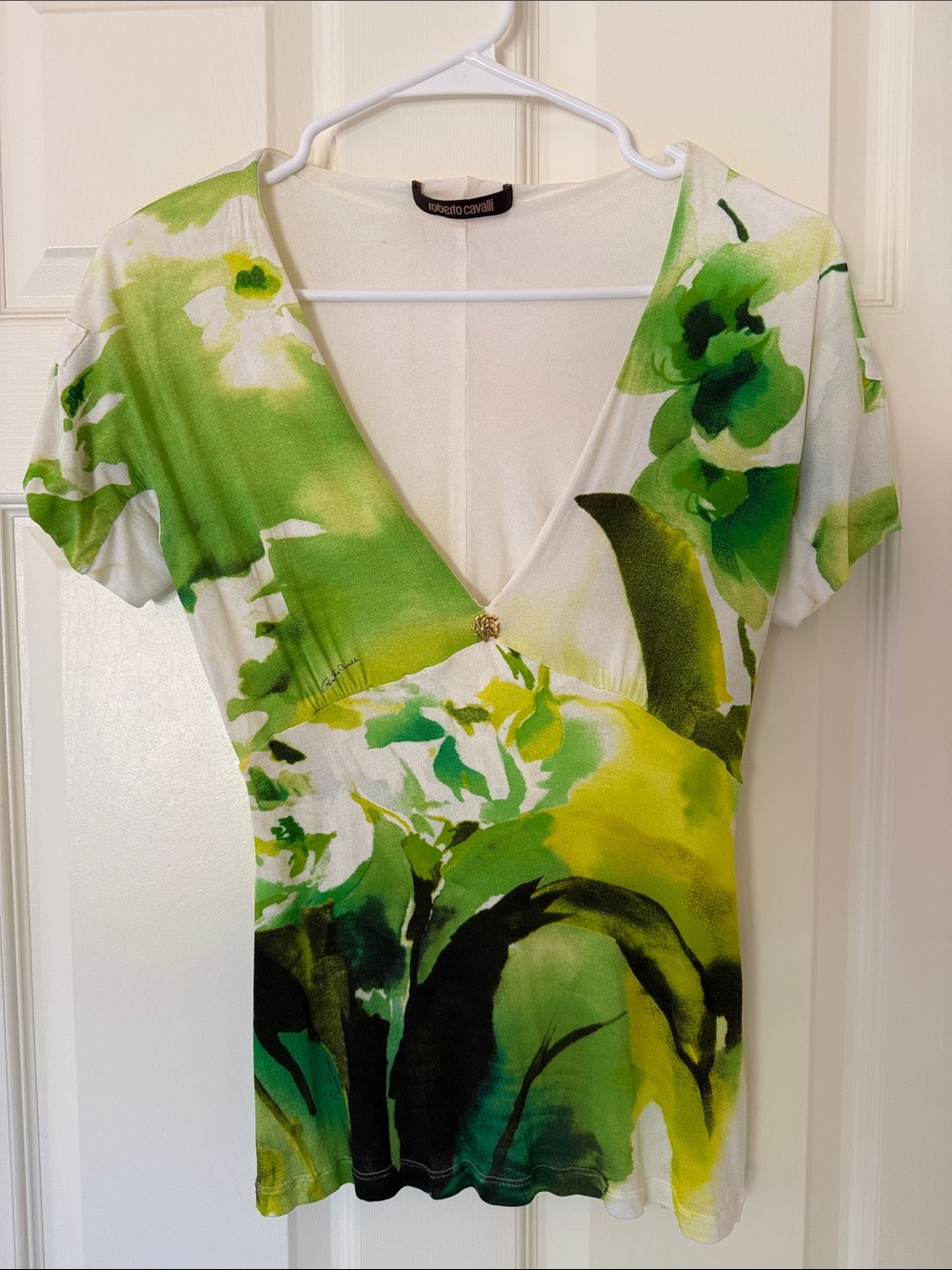 Roberto Cavalli Green & White Watercolor Floral V-Neck Top